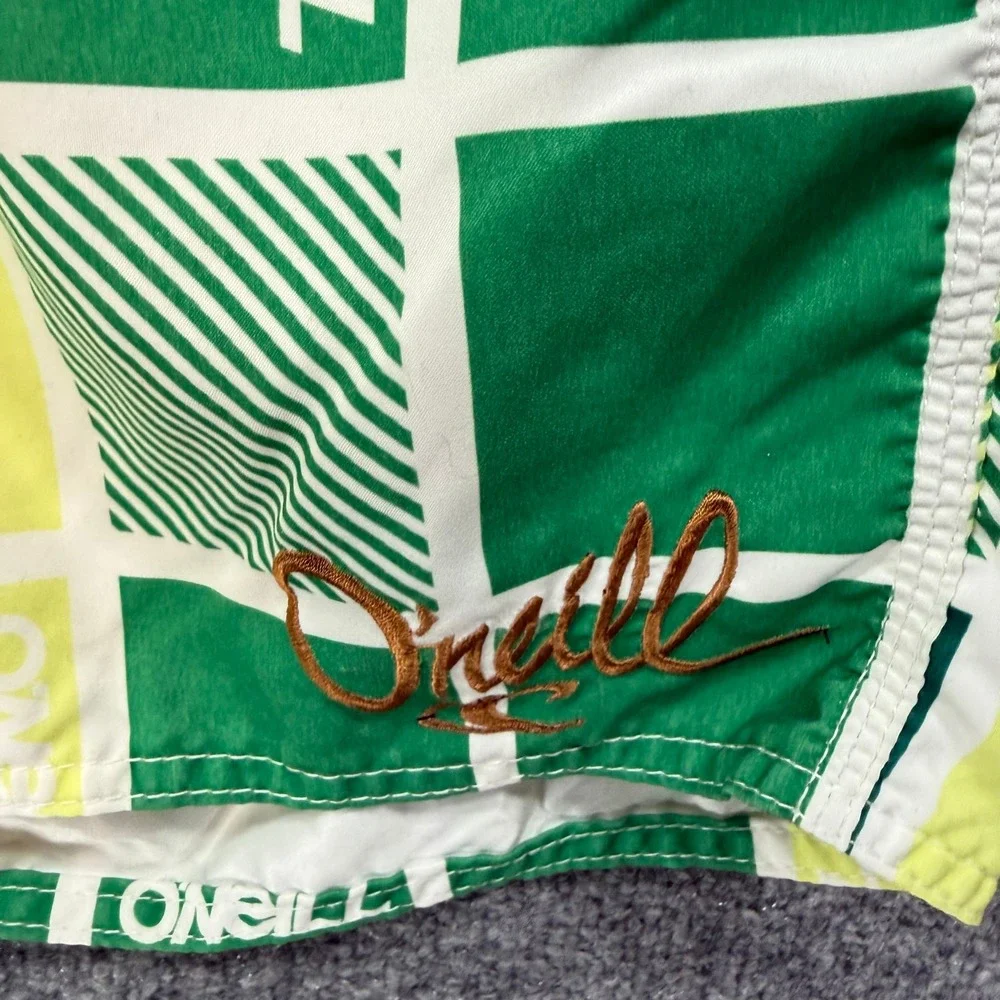 ONeill Board Shorts Men 34 Green Checkered Surf Swim Trunks Y2K Logo Lightweight